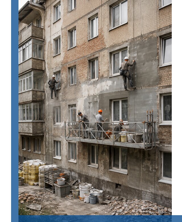 Капитальный ремонт фасада в Улане-Удэ с восстановлением и гидроизоляцией