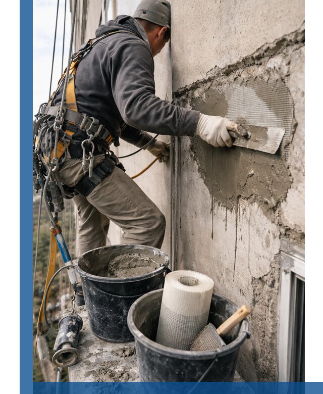 Ремонт бетонных элементов фасада промышленными альпинистами в Улане-Удэ