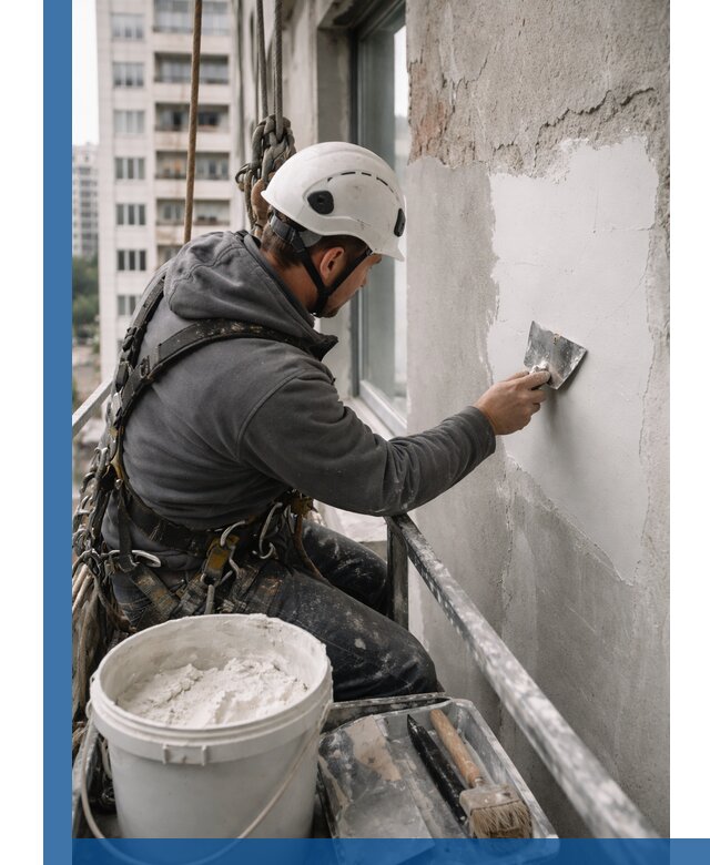 Шпаклевка фасадов на высоте с промальпинистами в Улане-Удэ