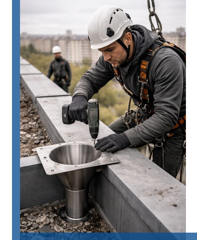 Монтаж водосточных воронок в Улане-Удэ для промышленных зданий