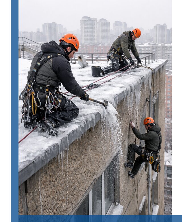 Удаление наледи с кровли в Улане-Удэ промышленными альпинистами