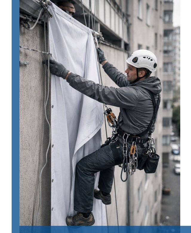 Замена баннерного полотна промышленными альпинистами в Улане-Удэ