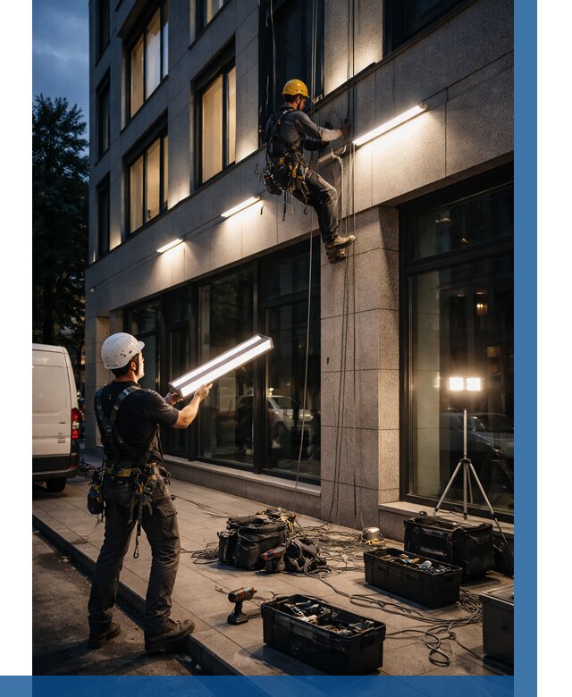 Монтаж архитектурной подсветки здания в Улане-Удэ от 2561 р.|ВЫСОТНИК-Лнд