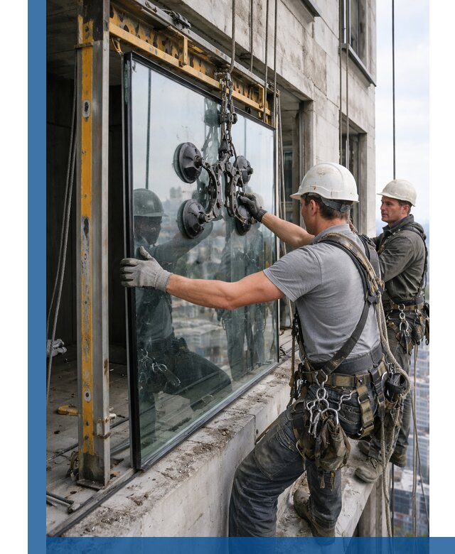 Монтаж стеклопакетов на высоте в Улане-Удэ с промышленным альпинизмом