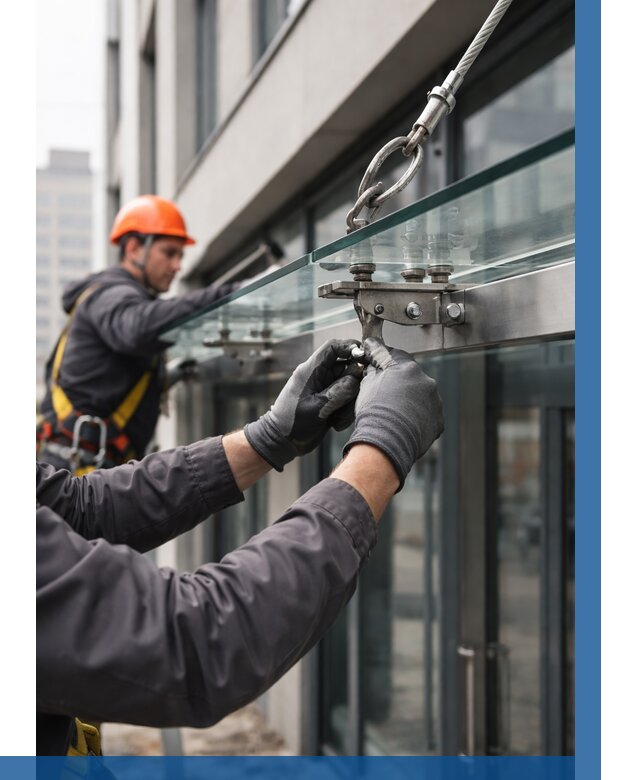 Монтаж стеклянных козырьков в Улане-Удэ от 8707 р. | ВЫСОТНИК-Лнд