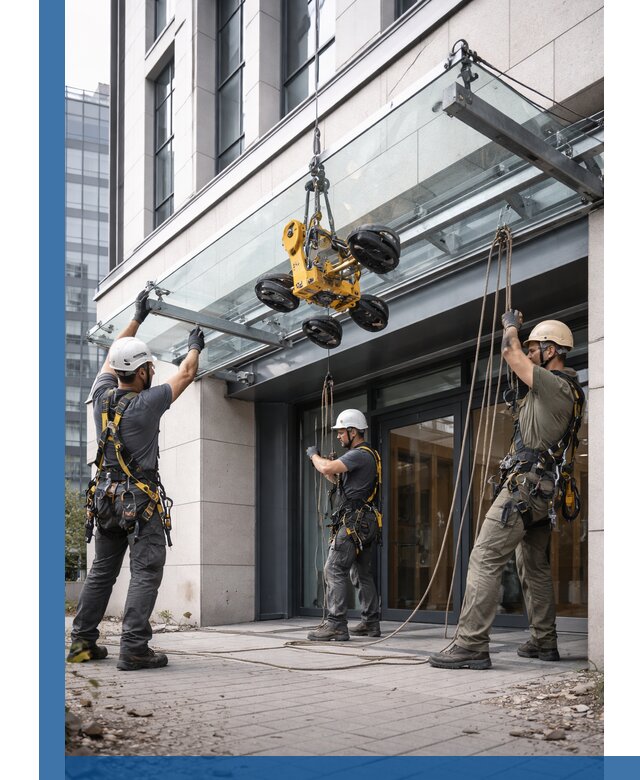 Монтаж стеклянных козырьков под ключ в Улане-Удэ для зданий