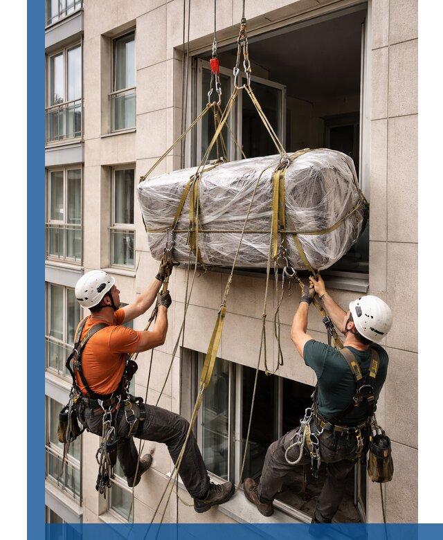 Подъем грузов через окно в Улане-Удэ промышленными альпинистами