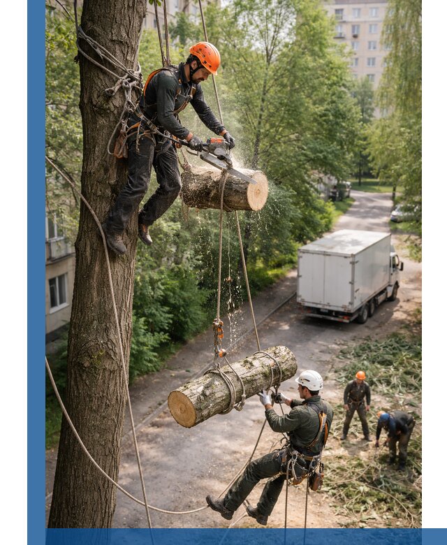 Спил деревьев альпинистами в Улане-Удэ, безопасно и без повреждений