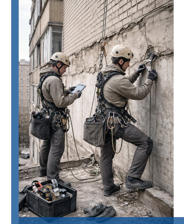 Обследование фасада промышленными альпинистами в Улане-Удэ